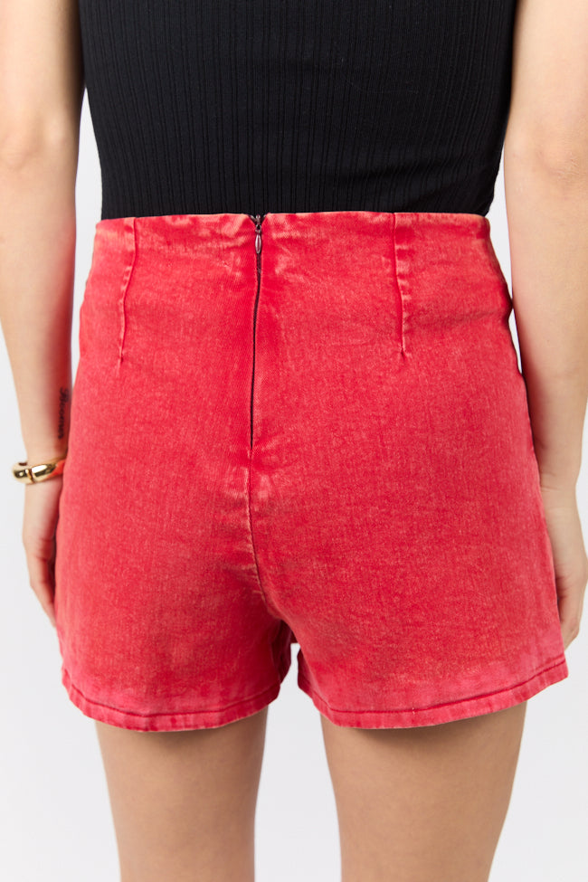 My Favorite Red Acid Wash Side Slit Denim Skort-Sunny Prom