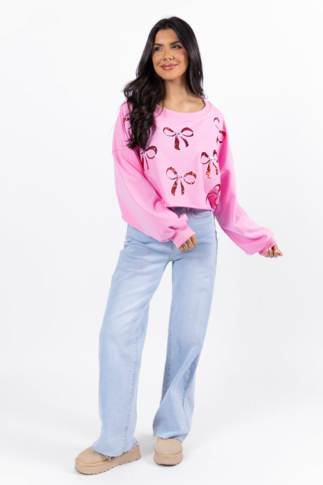 Wrapped Around My Finger Bow Sequin Patch Pink Cropped Sweatshirt FINAL SALE-Sunny Prom