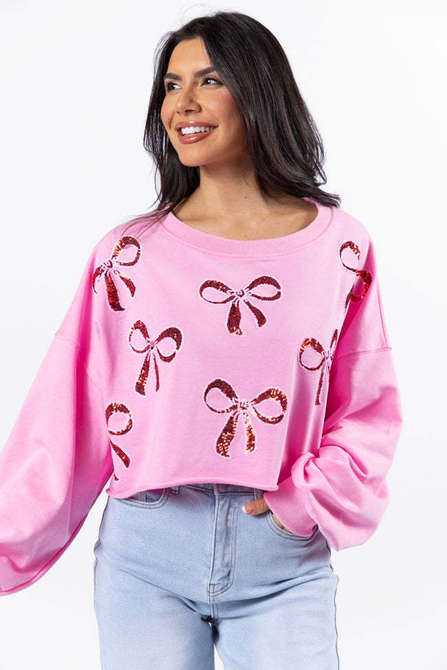 Wrapped Around My Finger Bow Sequin Patch Pink Cropped Sweatshirt FINAL SALE-Sunny Prom