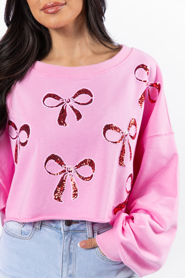 Wrapped Around My Finger Bow Sequin Patch Pink Cropped Sweatshirt FINAL SALE-Sunny Prom