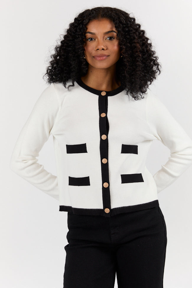 Forever Changing Ivory and Black Contrast Trim Cardigan FINAL SALE-Sunny Prom