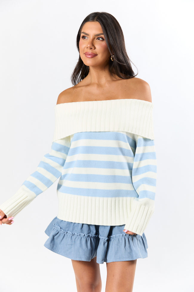 Undertow Feelings Ivory and Blue Striped Off The Shoulder Sweater FINAL SALE-Sunny Prom