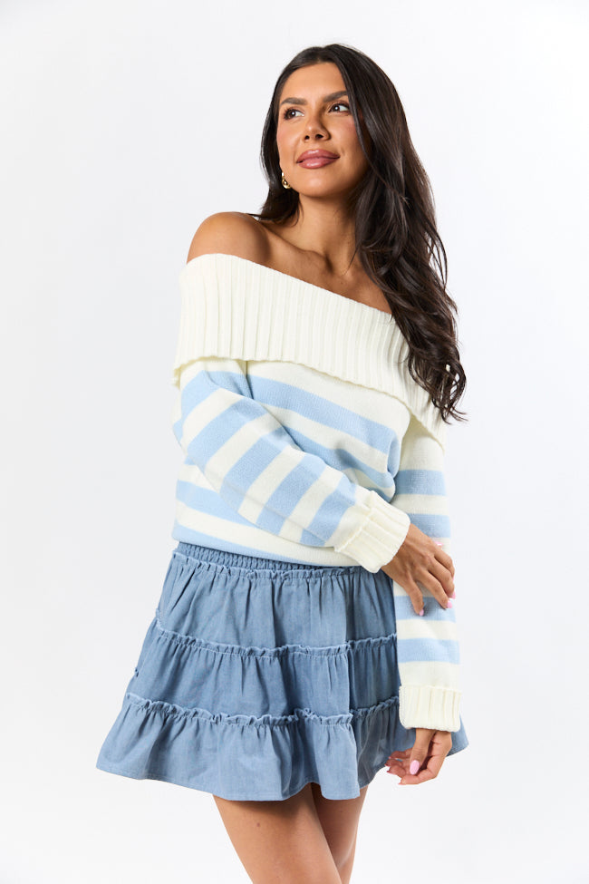 Undertow Feelings Ivory and Blue Striped Off The Shoulder Sweater FINAL SALE-Sunny Prom