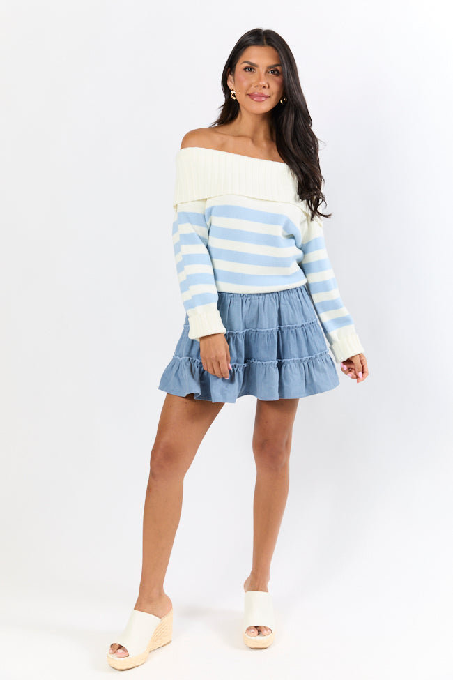 Undertow Feelings Ivory and Blue Striped Off The Shoulder Sweater FINAL SALE-Sunny Prom