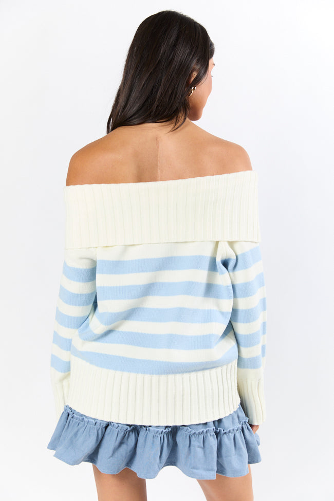 Undertow Feelings Ivory and Blue Striped Off The Shoulder Sweater FINAL SALE-Sunny Prom