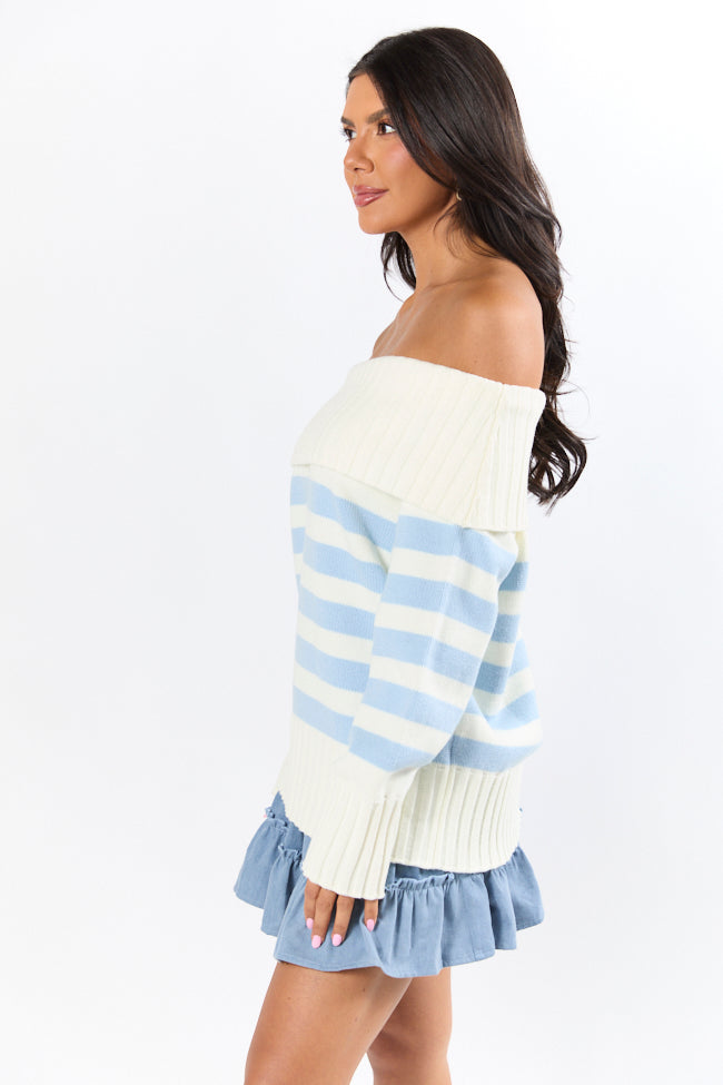 Undertow Feelings Ivory and Blue Striped Off The Shoulder Sweater FINAL SALE-Sunny Prom