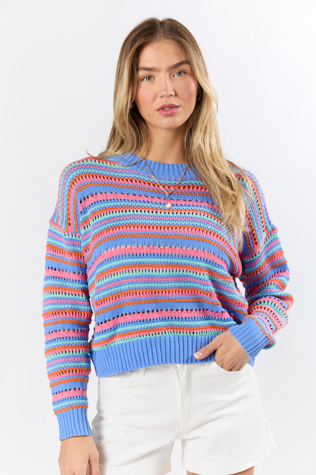 Party Cove Blue Multi Striped Open Knit Sweater FINAL SALE-Sunny Prom