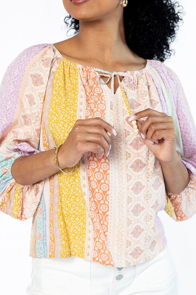 Come Along Multi Floral Patch Print Woven Pop Over Blouse FINAL SALE-Sunny Prom