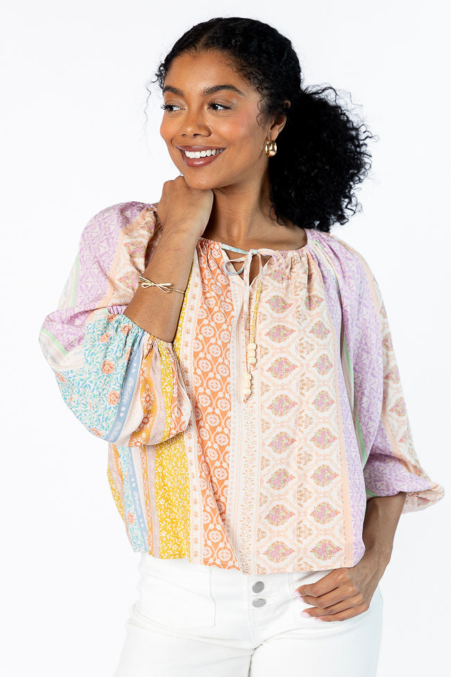 Come Along Multi Floral Patch Print Woven Pop Over Blouse FINAL SALE-Sunny Prom