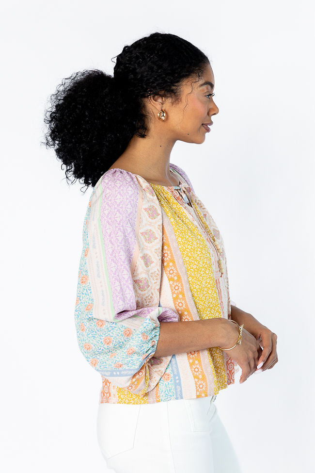 Come Along Multi Floral Patch Print Woven Pop Over Blouse FINAL SALE-Sunny Prom