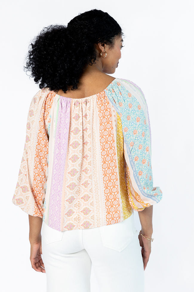 Come Along Multi Floral Patch Print Woven Pop Over Blouse FINAL SALE-Sunny Prom