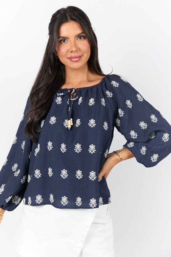 Come Along Navy Embroidered Woven Pop Over Blouse FINAL SALE-Sunny Prom