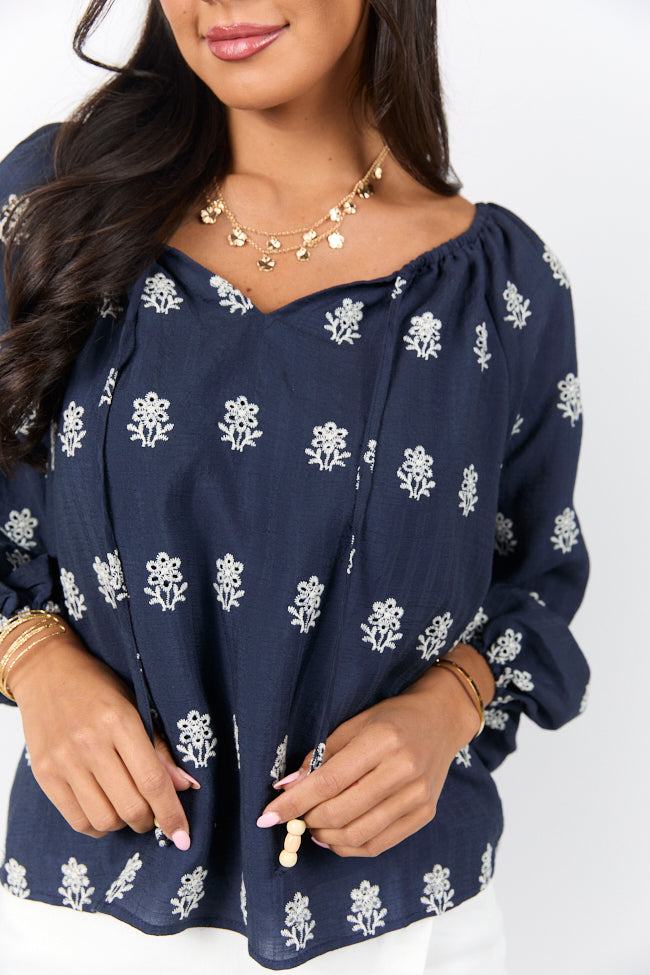 Come Along Navy Embroidered Woven Pop Over Blouse FINAL SALE-Sunny Prom