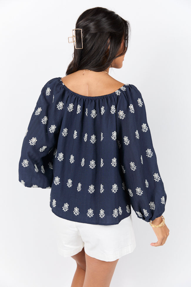Come Along Navy Embroidered Woven Pop Over Blouse FINAL SALE-Sunny Prom