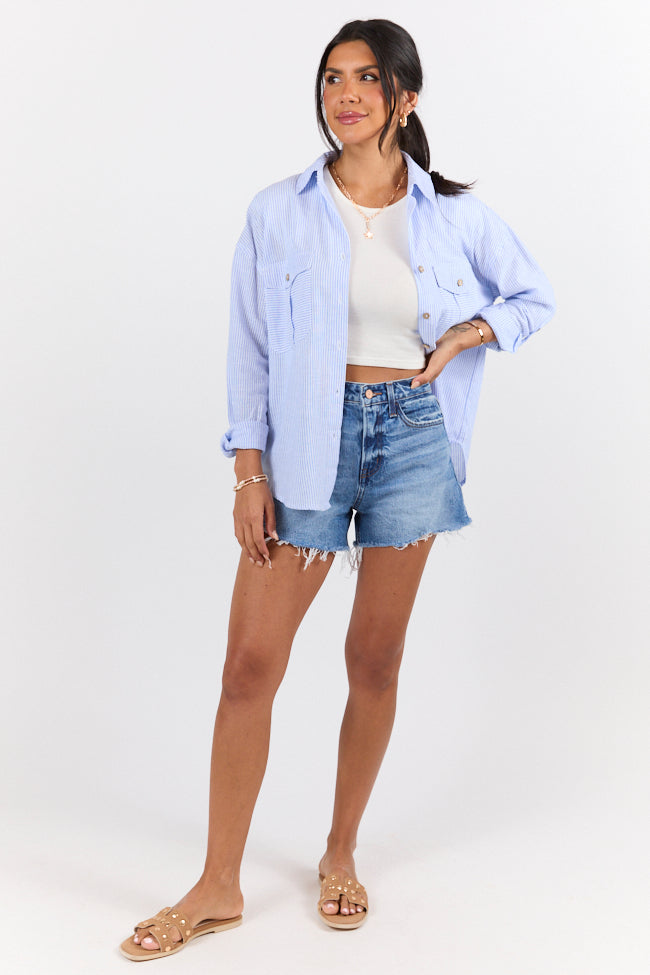 Coastline Walk Blue Striped Linen Blend Button Down Top FINAL SALE-Sunny Prom
