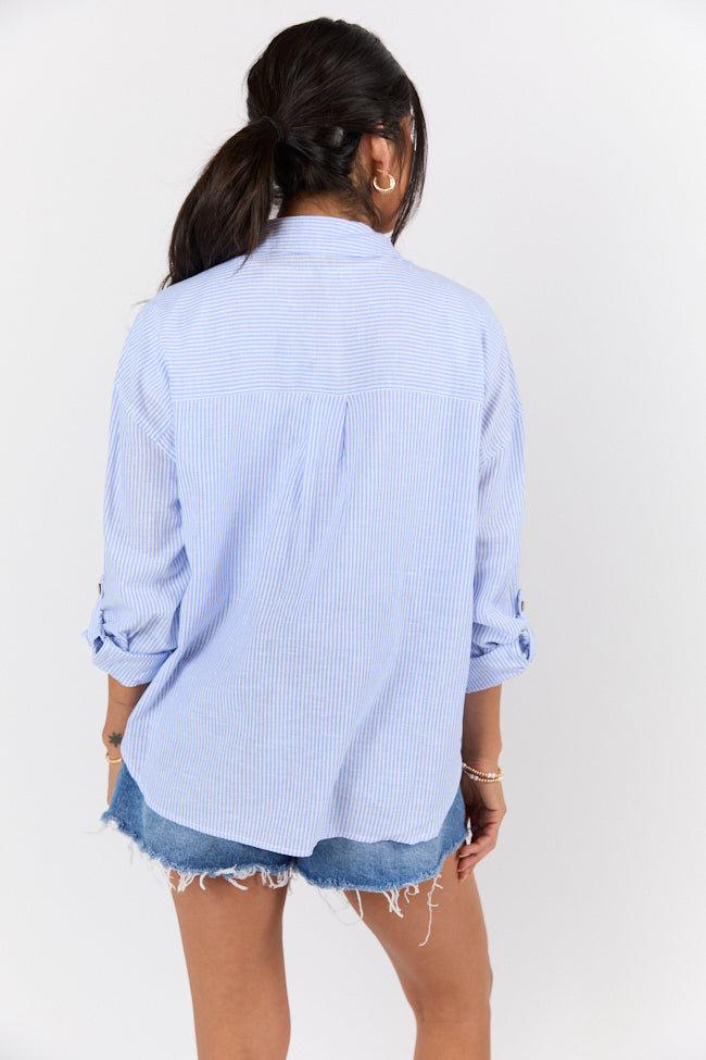 Coastline Walk Blue Striped Linen Blend Button Down Top FINAL SALE-Sunny Prom
