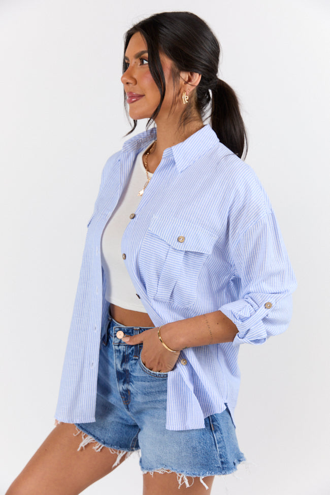 Coastline Walk Blue Striped Linen Blend Button Down Top FINAL SALE-Sunny Prom