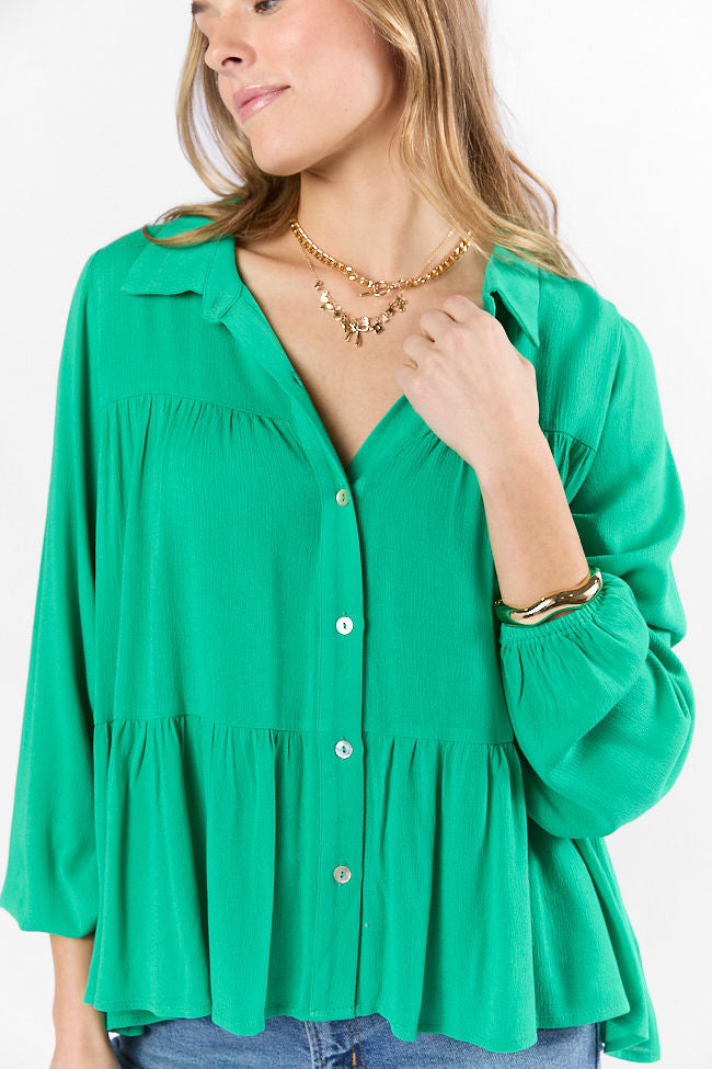 Something Good Green Tiered Relaxed Button Down Blouse SALE-Sunny Prom
