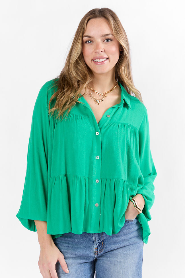 Something Good Green Tiered Relaxed Button Down Blouse SALE-Sunny Prom