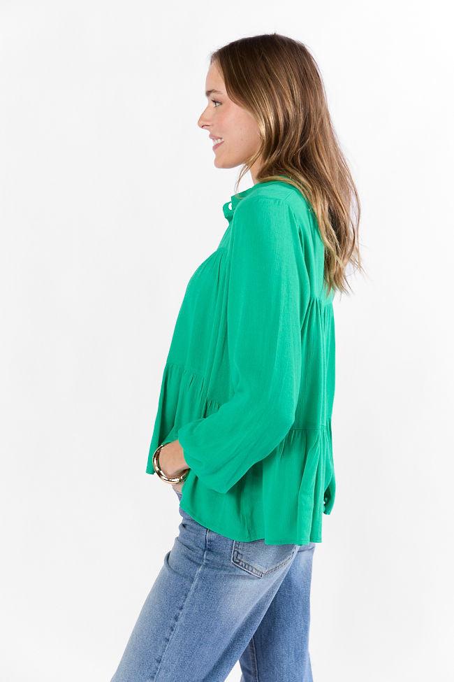Something Good Green Tiered Relaxed Button Down Blouse SALE-Sunny Prom