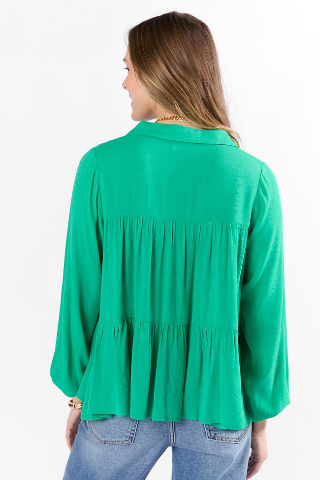 Something Good Green Tiered Relaxed Button Down Blouse SALE-Sunny Prom