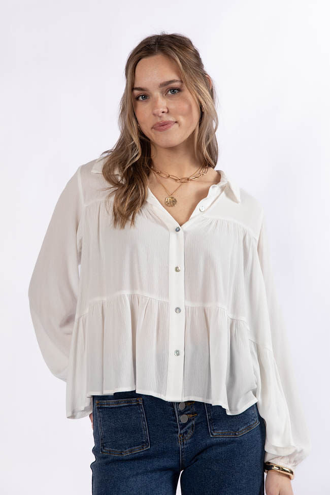 Something Good Ivory Tiered Relaxed Button Down Blouse FINAL SALE-Sunny Prom
