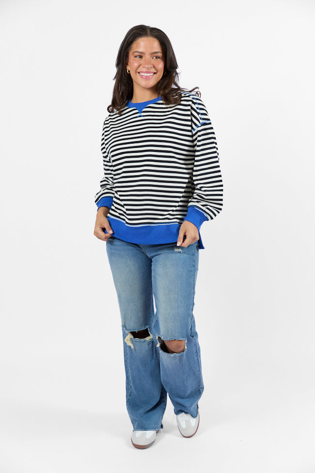 On A Dime Black and Blue Striped Sweatshirt FINAL SALE-Sunny Prom