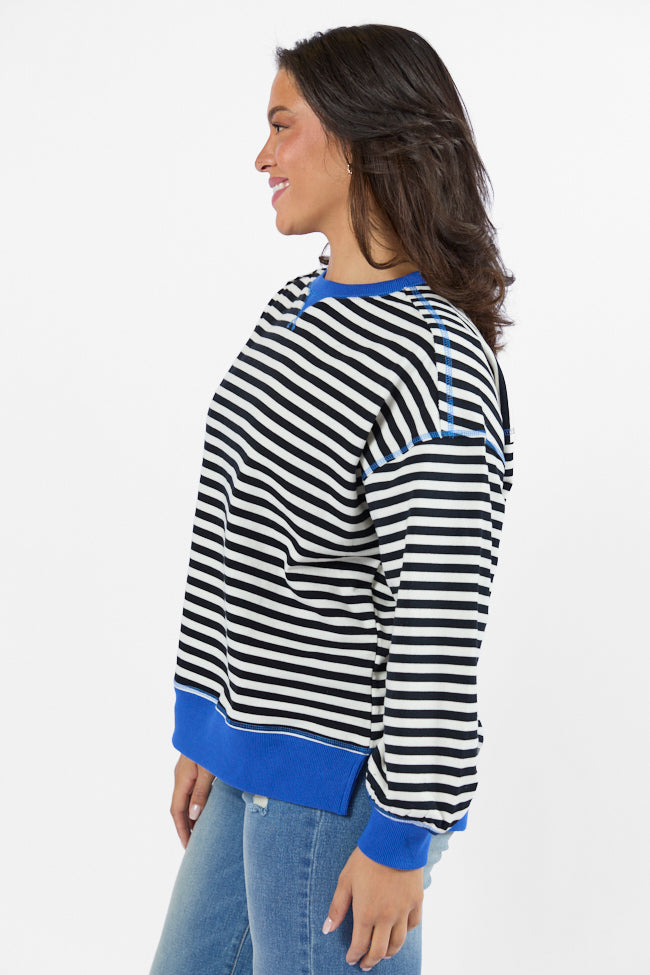 On A Dime Black and Blue Striped Sweatshirt FINAL SALE-Sunny Prom