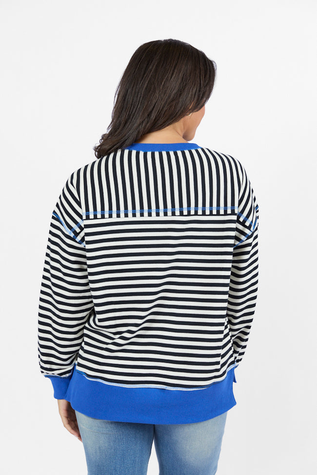 On A Dime Black and Blue Striped Sweatshirt FINAL SALE-Sunny Prom