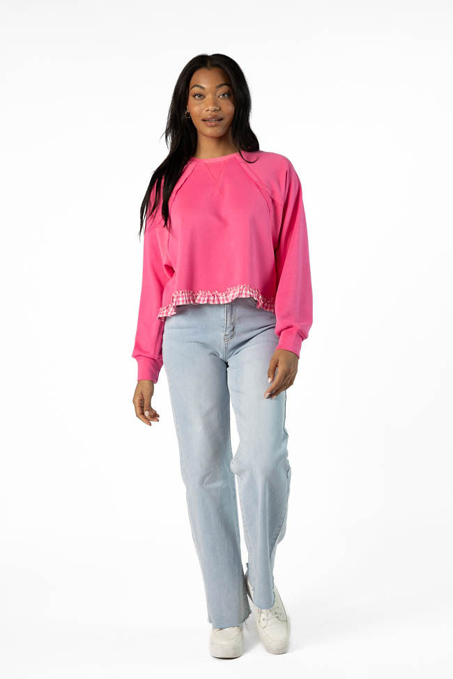 Away We Go Cropped Pink Gingham Ruffle Hem Crew Neck Sweatshirt FINAL SALE-Sunny Prom