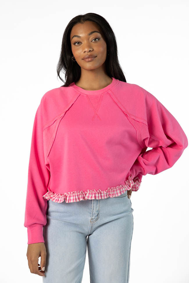 Away We Go Cropped Pink Gingham Ruffle Hem Crew Neck Sweatshirt FINAL SALE-Sunny Prom