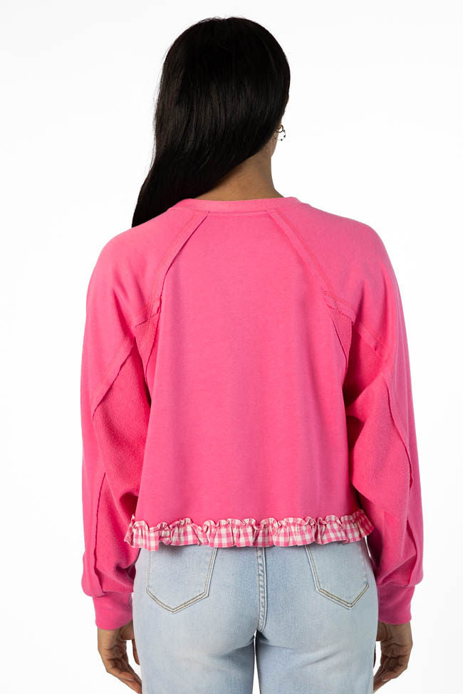 Away We Go Cropped Pink Gingham Ruffle Hem Crew Neck Sweatshirt FINAL SALE-Sunny Prom