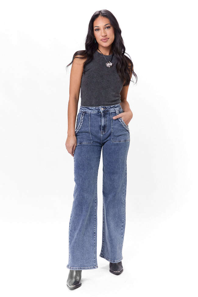 Carolyn Medium Wash Braided Pocket Wide Leg Jeans FINAL SALE-Sunny Prom