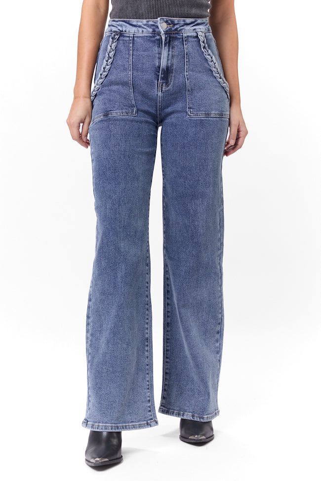 Carolyn Medium Wash Braided Pocket Wide Leg Jeans FINAL SALE-Sunny Prom