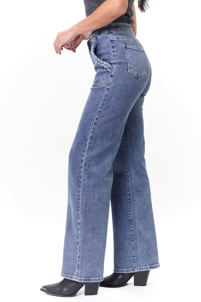 Carolyn Medium Wash Braided Pocket Wide Leg Jeans FINAL SALE-Sunny Prom