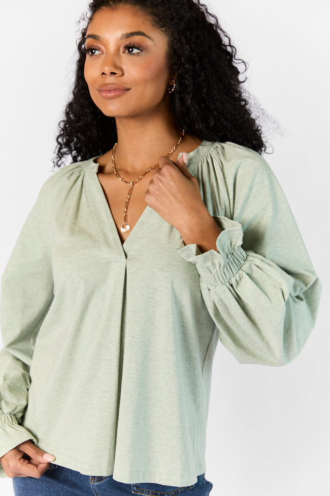 Simply You Sage Knit Notched Neck Long Sleeve Blouse FINAL SALE-Sunny Prom