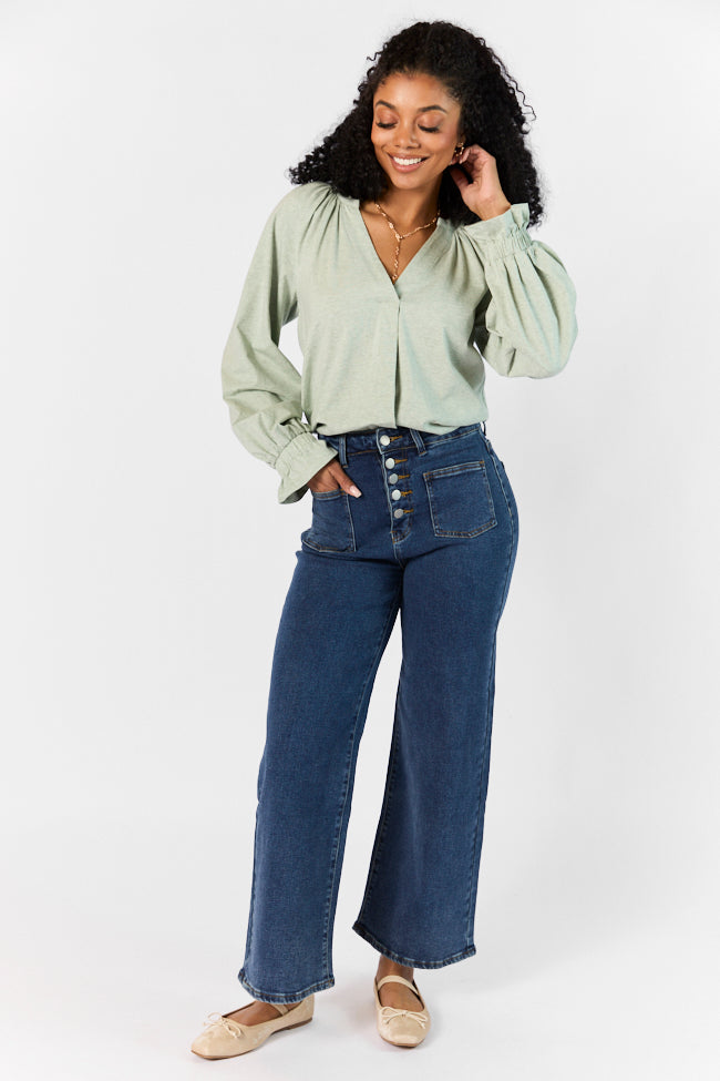 Simply You Sage Knit Notched Neck Long Sleeve Blouse FINAL SALE-Sunny Prom