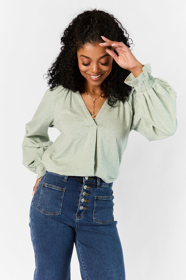 Simply You Sage Knit Notched Neck Long Sleeve Blouse FINAL SALE-Sunny Prom