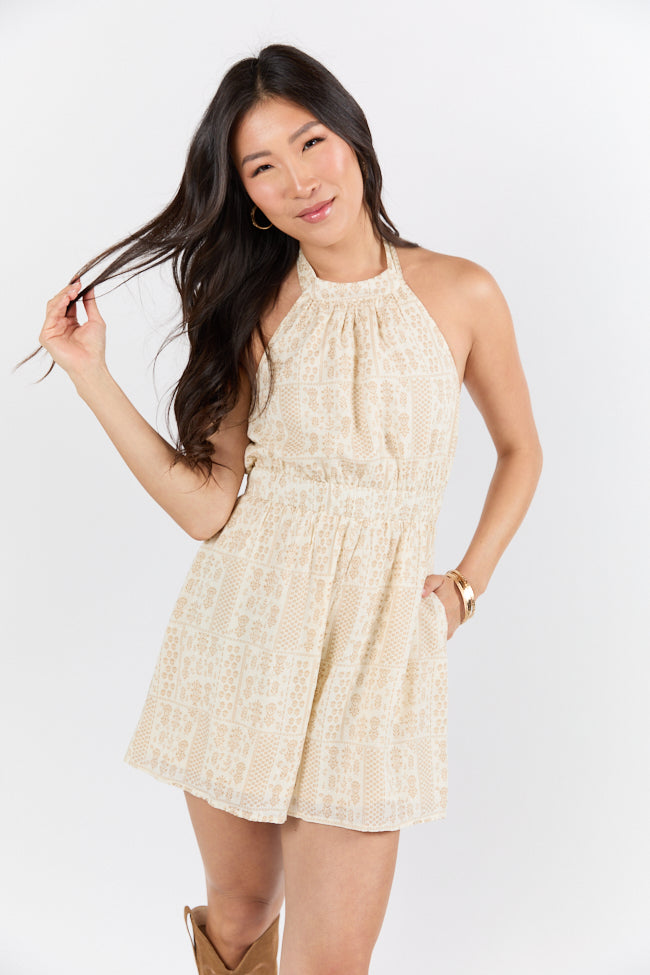 On The Horizon Taupe Halter Neck Printed Romper SALE-Sunny Prom