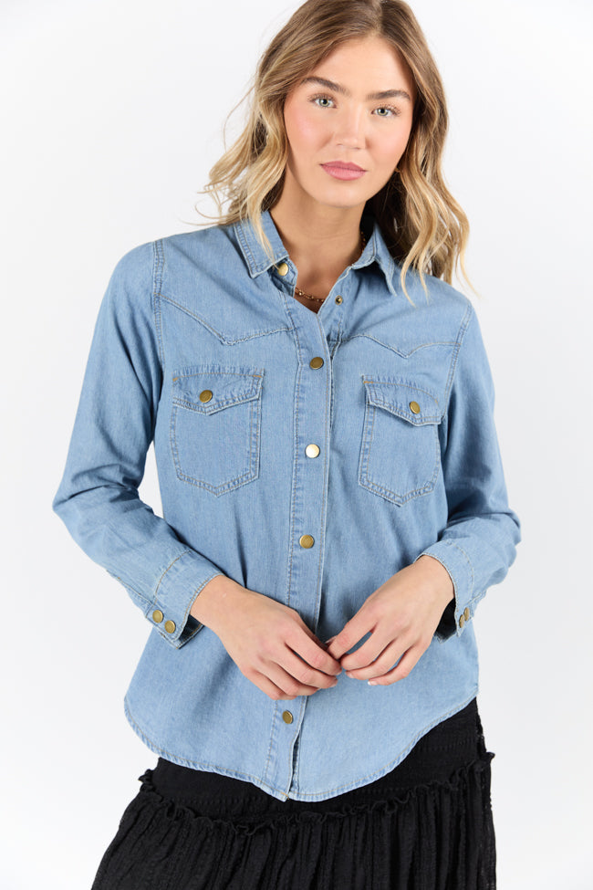 Gussied Up Yoke Detail Chambray Button Down Shirt-Sunny Prom