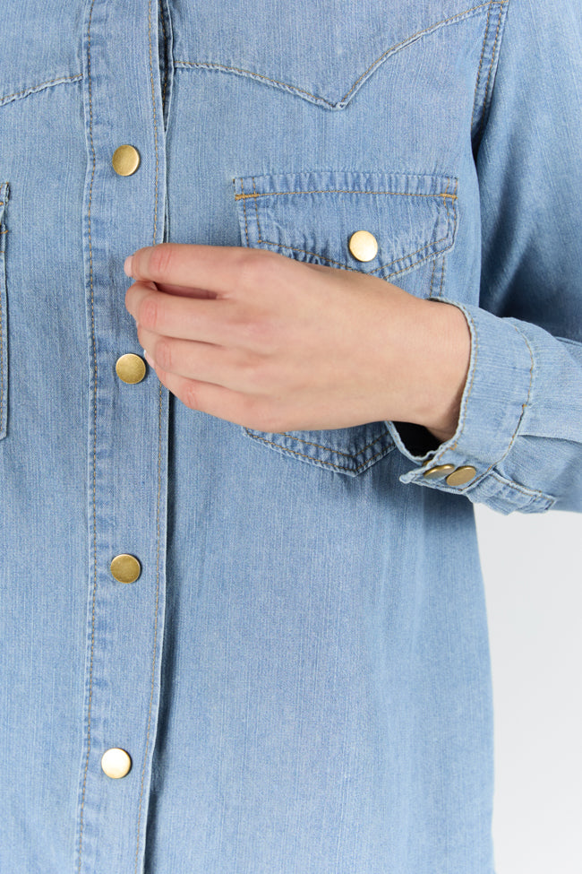 Gussied Up Yoke Detail Chambray Button Down Shirt-Sunny Prom
