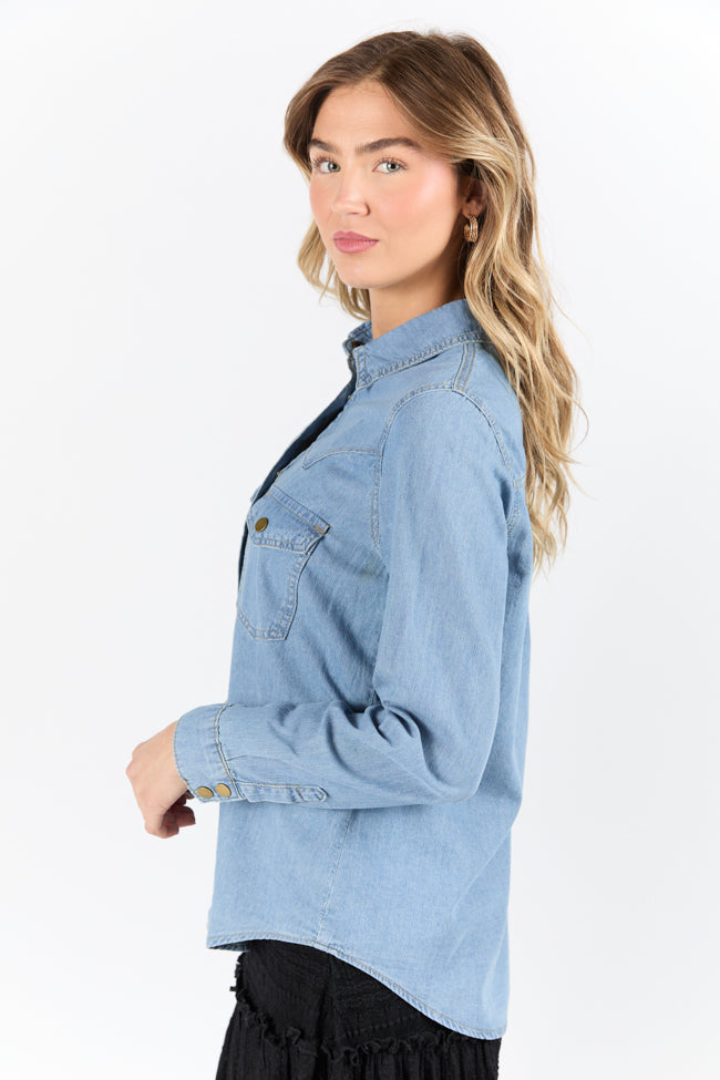 Gussied Up Yoke Detail Chambray Button Down Shirt-Sunny Prom