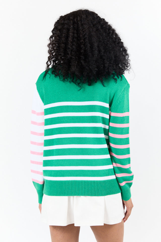 Coastal Prep Green and Pink Color Block Crew Neck Sweater-Sunny Prom