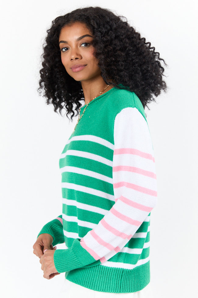 Coastal Prep Green and Pink Color Block Crew Neck Sweater-Sunny Prom