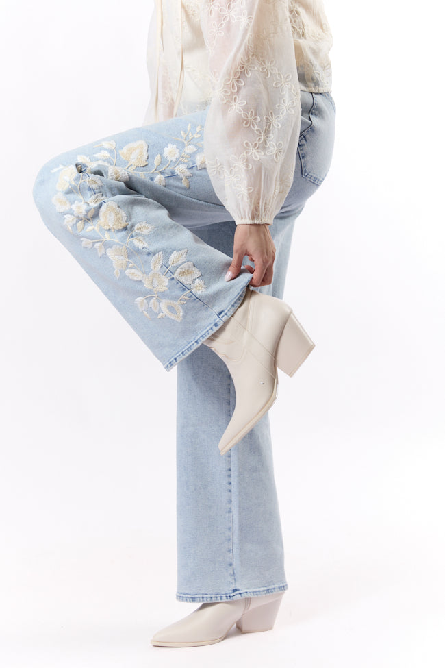 Daisy Light Wash Floral Embroidered Wide Leg Jeans FINAL SALE-Sunny Prom