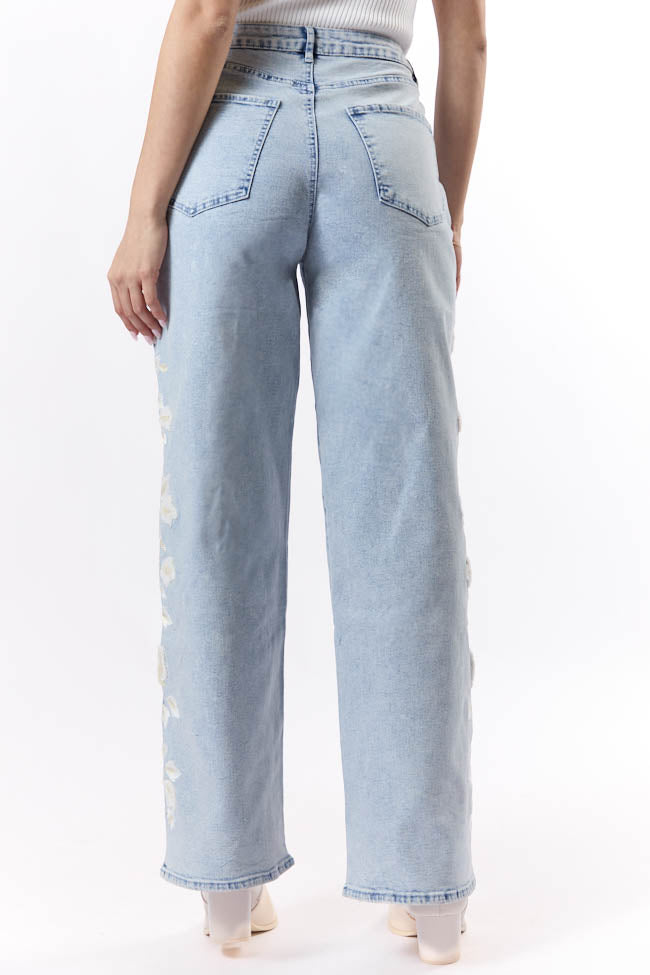 Daisy Light Wash Floral Embroidered Wide Leg Jeans FINAL SALE-Sunny Prom