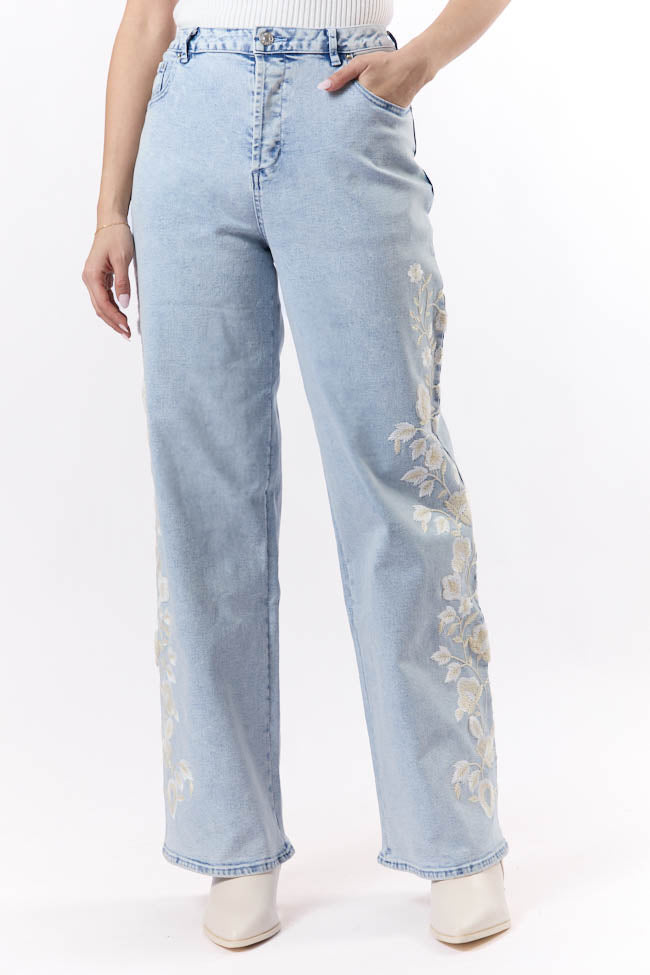 Daisy Light Wash Floral Embroidered Wide Leg Jeans FINAL SALE-Sunny Prom