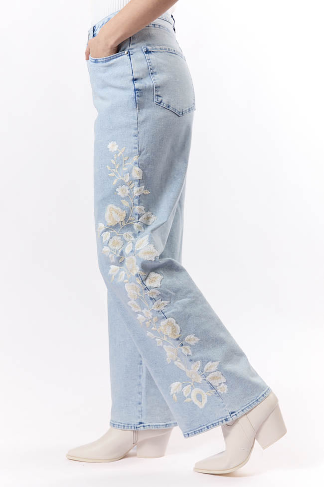 Daisy Light Wash Floral Embroidered Wide Leg Jeans FINAL SALE-Sunny Prom