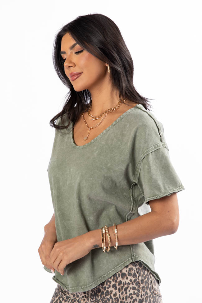 Tell Me About It Olive Acid Wash Scoop Neck Tee FINAL SALE-Sunny Prom