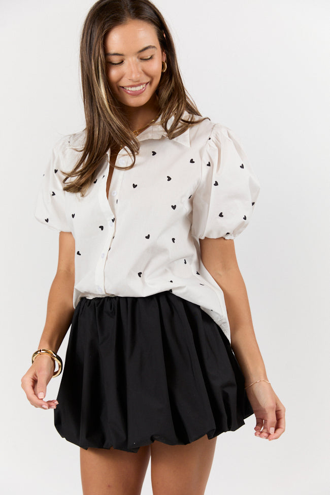 I Do Love You Ivory and Black Heart Print Short Sleeve Button Down Blouse FINAL SALE-Sunny Prom